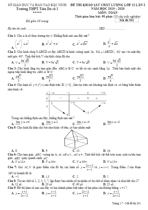 Đề thi KSCL lớp 12 môn Toán lần 2 năm 2019 2020 trường THPT Tiên Du 1 Bắc Ninh