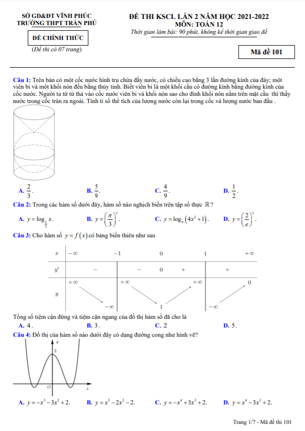 Đề thi KSCL lớp 12 môn Toán lần 2 năm 2021 2022 trường THPT Trần Phú Vĩnh Phúc