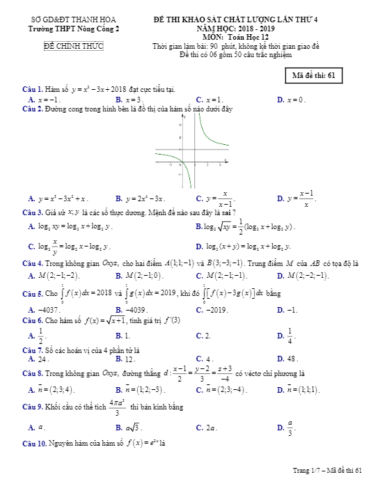 Đề thi KSCL lớp 12 môn Toán lần 4 năm 2018 2019 trường Nông Cống 2 Thanh Hóa