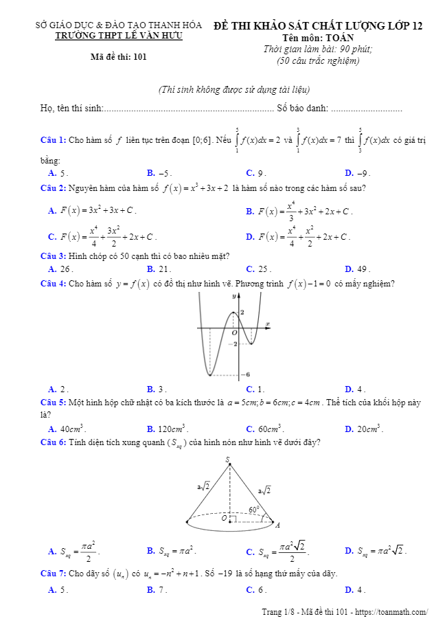 Đề thi KSCL lớp 12 môn Toán năm 2018 2019 trường THPT Lê Văn Hưu Thanh Hóa