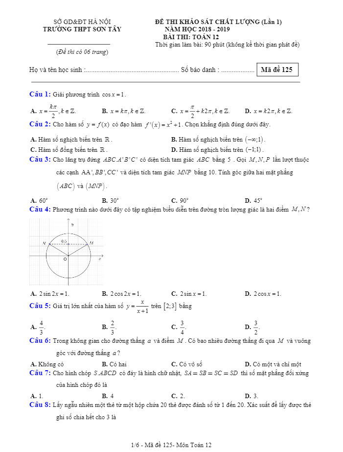 Đề thi KSCL lớp 12 môn Toán năm 2018 2019 trường THPT Sơn Tây Hà Nội lần 1