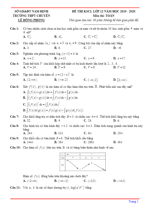 Đề thi KSCL lớp 12 môn Toán năm 2019 2020 trường chuyên Lê Hồng Phong Nam Định