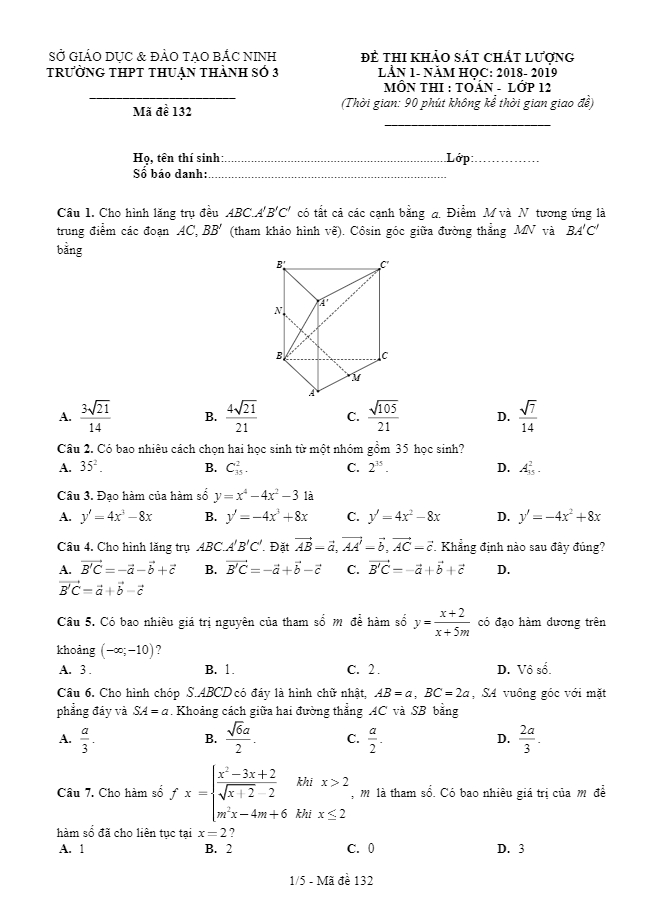 Đề thi KSCL lớp 12 môn Toán năm học 2018 2019 trường Thuận Thành 3 Bắc Ninh lần 1