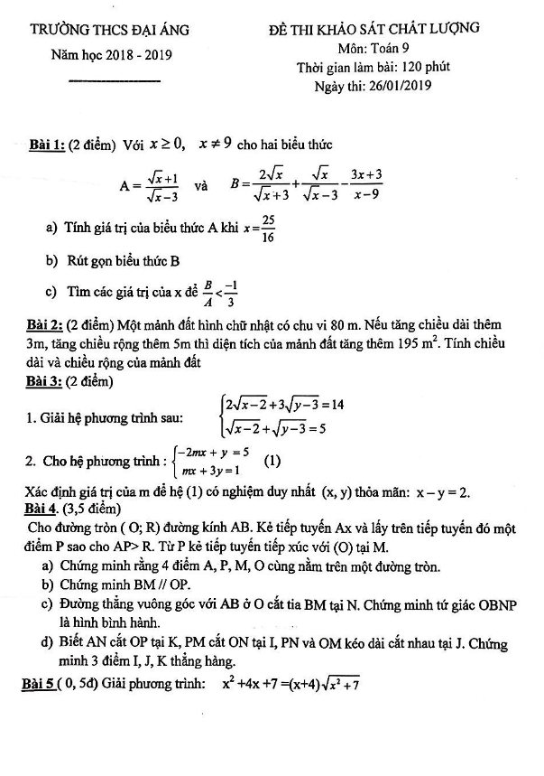 Đề thi KSCL lớp 9 môn Toán năm 2018 2019 trường THCS Đại Áng Hà Nội