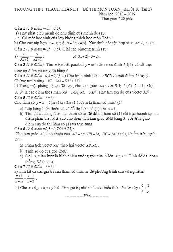 Đề thi lớp 10 môn Toán lần 2 năm 2018 2019 trường Thạch Thành 1 Thanh Hóa