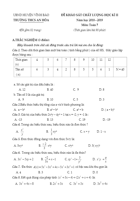 Đề thi lớp 7 môn Toán học kì 2 (HK2) năm 2018 – 2019 trường THCS An Hòa – Hải Phòng