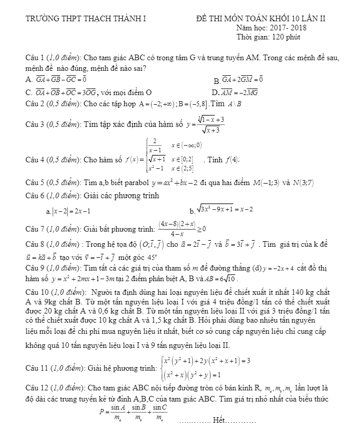 Đề thi môn Toán khối 10 lần 2 năm 2017 2018 trường Thạch Thành 1 Thanh Hóa