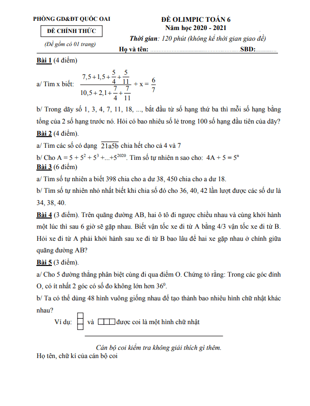 Đề thi Olimpic lớp 6 môn Toán năm 2020 2021 phòng GD ĐT Quốc Oai Hà Nội