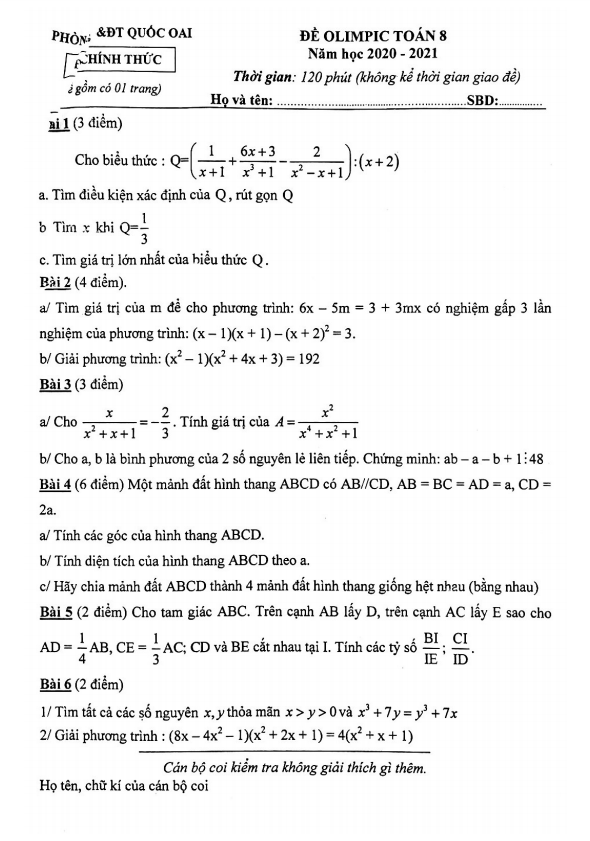 Đề thi Olimpic lớp 8 môn Toán năm 2020 2021 phòng GD ĐT Quốc Oai Hà Nội