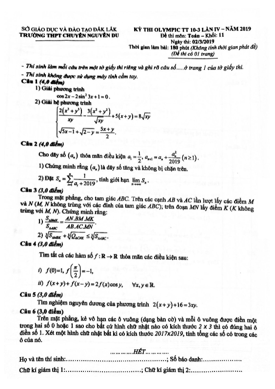 Đề thi Olympic 10/3 lớp 11 môn Toán năm 2019 lần 4 trường chuyên Nguyễn Du – Đăk Lăk