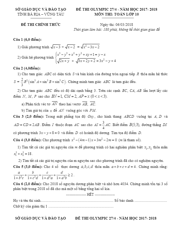 Đề thi Olympic 27/4 lớp 10 môn Toán năm 2017 2018 sở GD và ĐT Bà Rịa Vũng Tàu