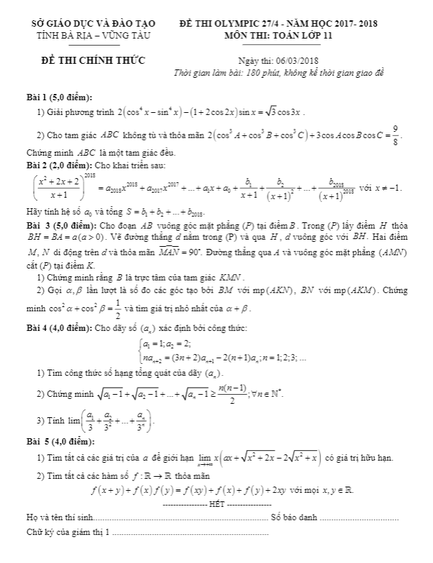 Đề thi Olympic 27/4 lớp 11 môn Toán năm 2017 2018 sở GD và ĐT Bà Rịa Vũng Tàu