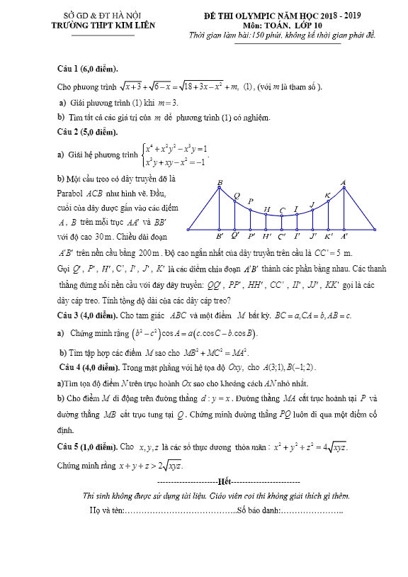 Đề thi Olympic lớp 10 môn Toán năm 2018 2019 trường THPT Kim Liên Hà Nội