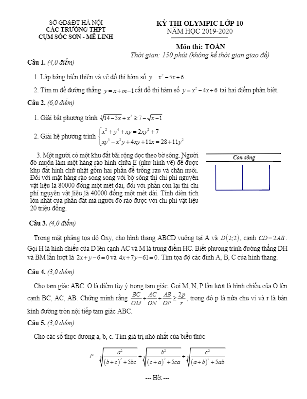 Đề thi Olympic lớp 10 môn Toán năm học 2019 2020 cụm Sóc Sơn Mê Linh Hà Nội