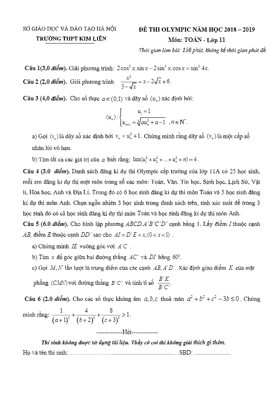 Đề thi Olympic lớp 11 môn Toán năm 2018 – 2019 trường THPT Kim Liên – Hà Nội