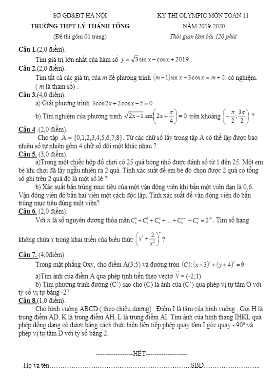 Đề thi Olympic lớp 11 môn Toán năm 2019 2020 trường Lý Thánh Tông Hà Nội
