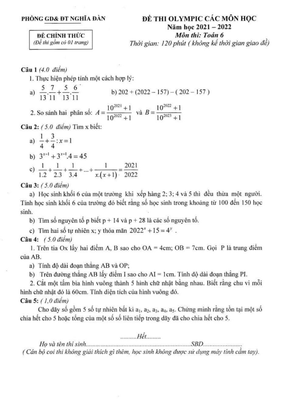 Đề thi Olympic lớp 6 môn Toán năm 2021 2022 phòng GD ĐT Nghĩa Đàn Nghệ An