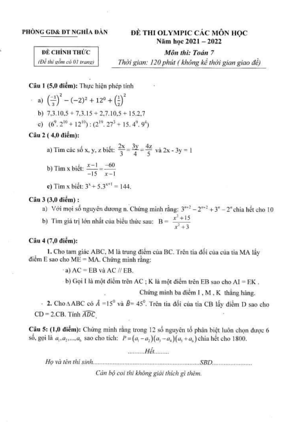 Đề thi Olympic lớp 7 môn Toán năm 2021 2022 phòng GD ĐT Nghĩa Đàn Nghệ An