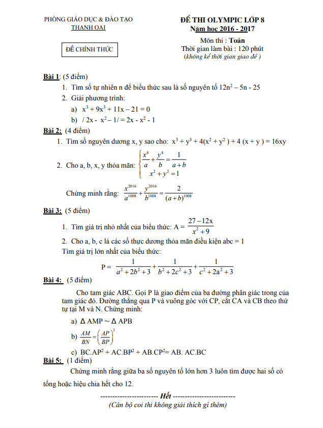 Đề thi Olympic lớp 8 môn Toán năm 2016 2017 phòng GD ĐT Thanh Oai Hà Nội