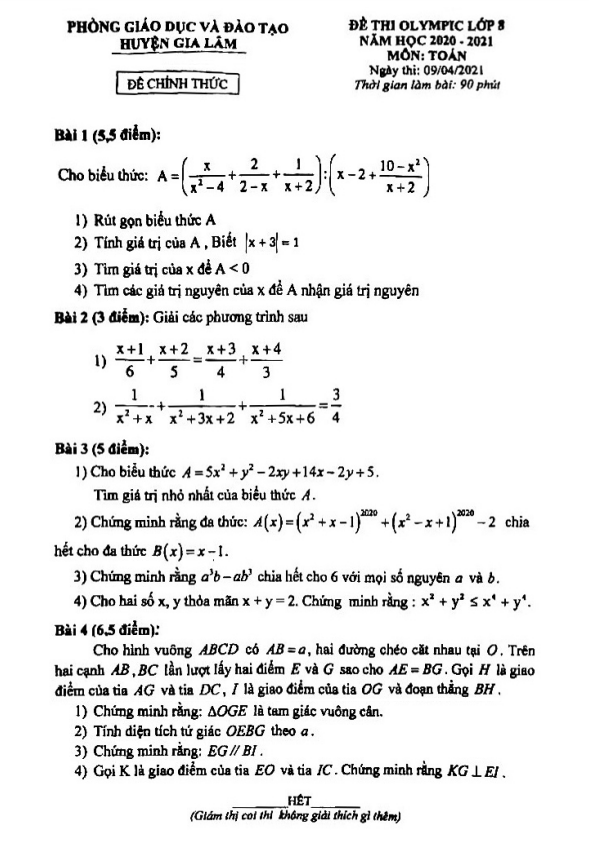Đề thi Olympic lớp 8 môn Toán năm 2020 2021 phòng GD ĐT Gia Lâm Hà Nội