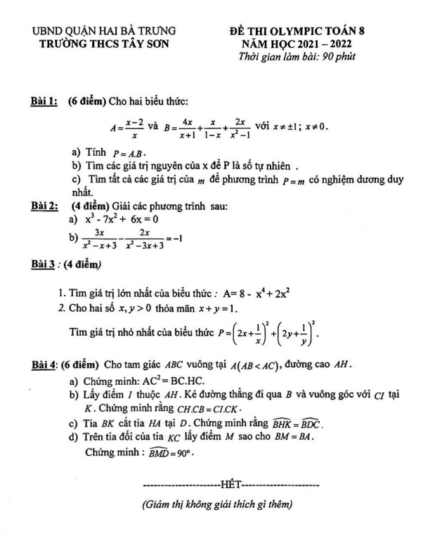 Đề thi Olympic lớp 8 môn Toán năm 2021 2022 trường THCS Tây Sơn Hà Nội