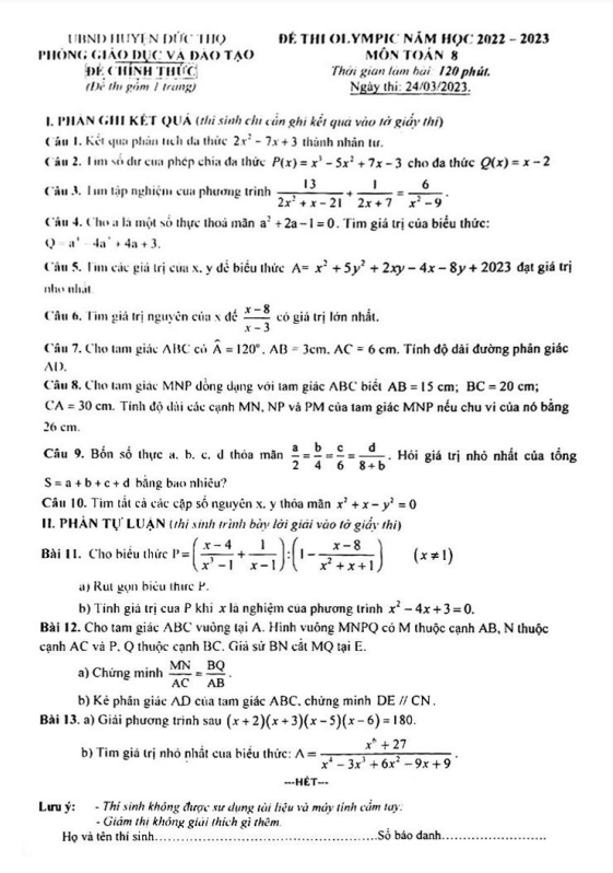 Đề thi Olympic lớp 8 môn Toán năm 2022 2023 phòng GD ĐT Đức Thọ Hà Tĩnh