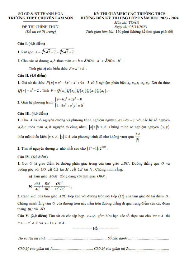 Đề thi Olympic lớp 9 môn Toán năm 2023 2024 trường chuyên Lam Sơn Thanh Hóa