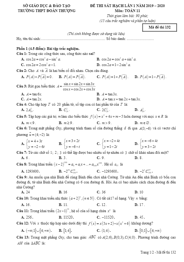 Đề thi sát hạch lớp 11 môn Toán lần 1 năm 2019 2020 trường Đoàn Thượng Hải Dương