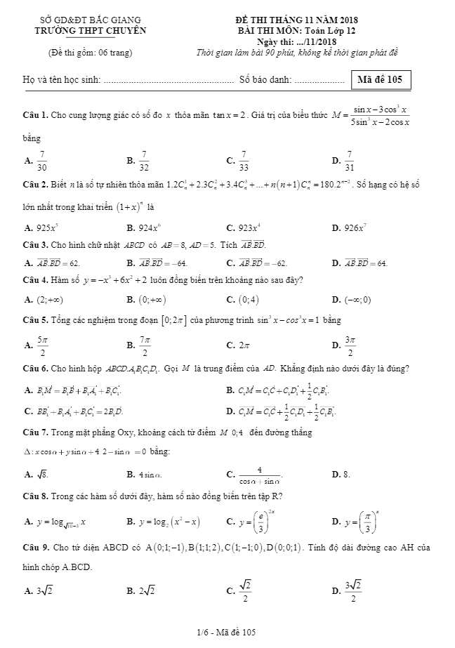 Đề thi tháng 11 năm 2018 lớp 12 môn Toán trường THPT chuyên Bắc Giang