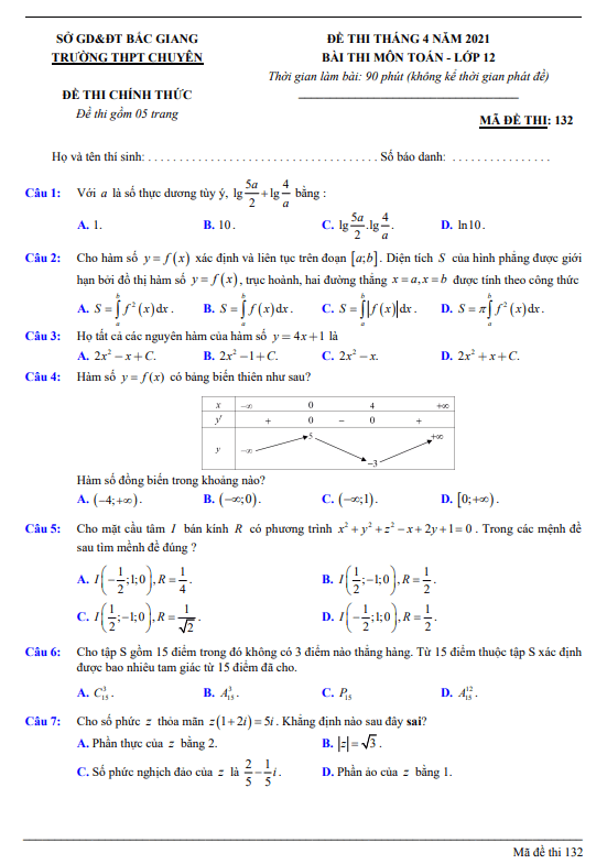 Đề thi tháng 4 năm 2021 lớp 12 môn Toán trường THPT chuyên Bắc Giang