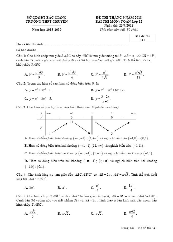 Đề thi tháng 9 năm 2018 lớp 12 môn Toán trường THPT chuyên Bắc Giang