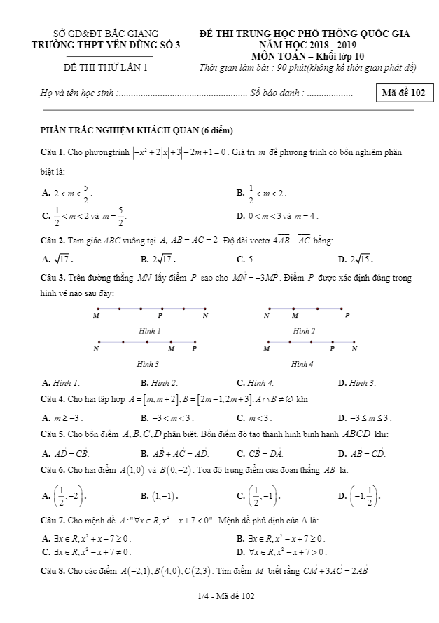 Đề thi THPT Quốc gia lớp 10 môn Toán năm 2018 2019 trường Yên Dũng 3 Bắc Giang lần 1