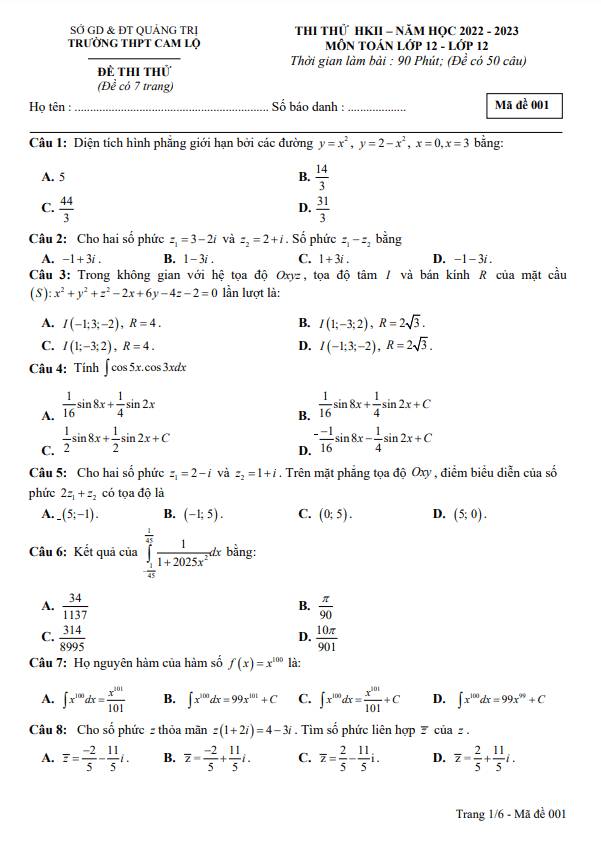 Đề thi thử học kì 2 (HK2) lớp 12 môn Toán năm 2022 2023 trường THPT Cam Lộ Quảng Trị
