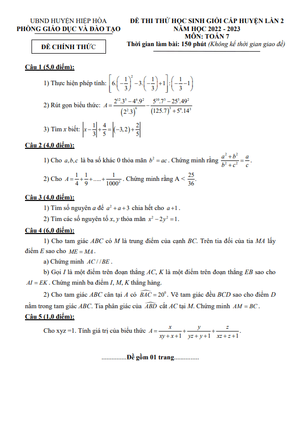 Đề thi thử HSG lần 2 lớp 7 môn Toán năm 2022 2023 phòng GD ĐT Hiệp Hòa Bắc Giang