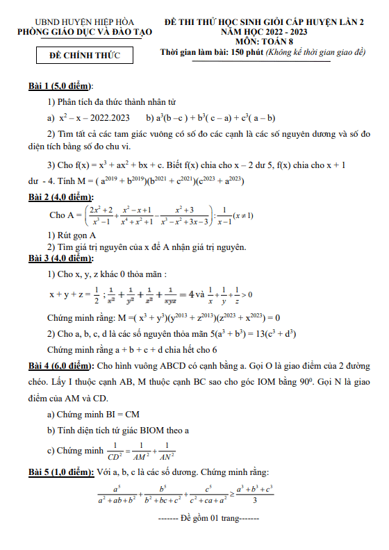 Đề thi thử HSG lần 2 lớp 8 môn Toán năm 2022 2023 phòng GD ĐT Hiệp Hòa Bắc Giang