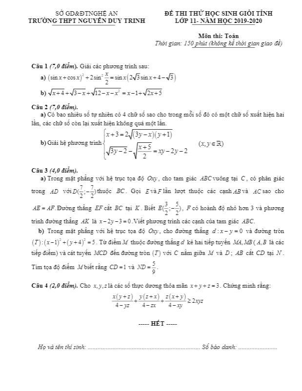 Đề thi thử HSG tỉnh lớp 11 môn Toán năm 2019 2020 trường Nguyễn Duy Trinh Nghệ An
