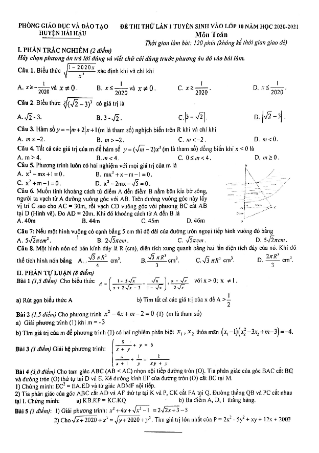 Đề thi thử lần 1 vào 10 môn Toán năm 2020 2021 phòng GD ĐT Hải Hậu Nam Định