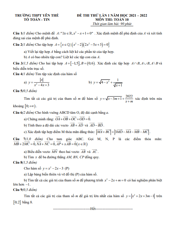 Đề thi thử lớp 10 môn Toán lần 1 năm 2021 2022 trường THPT Yên Thế Bắc Giang