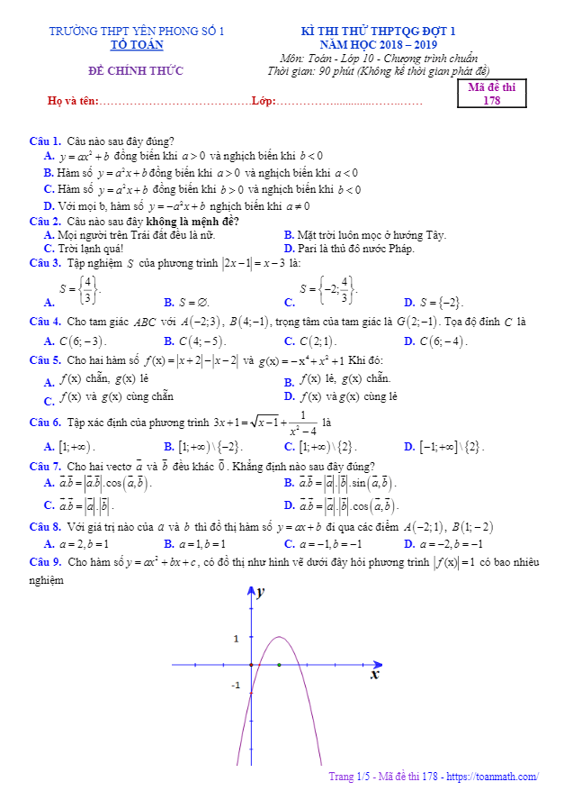Đề thi thử lớp 10 môn Toán THPTQG 2019 trường THPT Yên Phong 1 Bắc Ninh lần 1