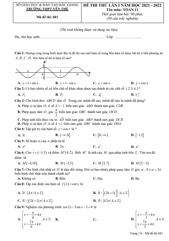Đề thi thử lớp 11 môn Toán lần 1 năm 2021 2022 trường THPT Yên Thế Bắc Giang