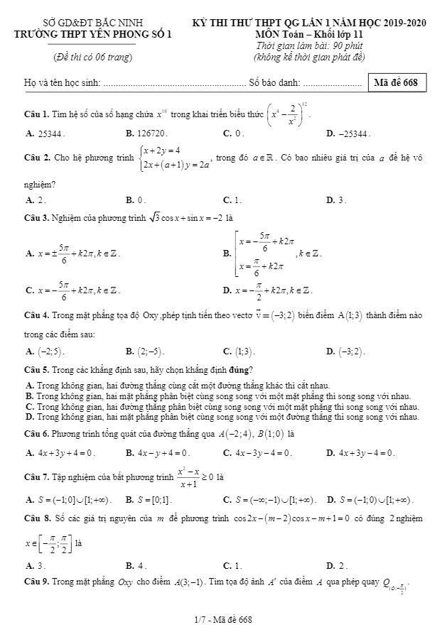 Đề thi thử lớp 11 môn Toán THPT QG 2019 2020 lần 1 trường Yên Phong 1 Bắc Ninh