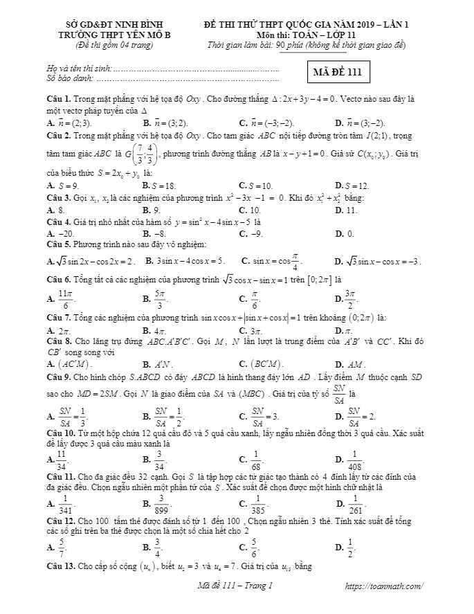 Đề thi thử lớp 11 môn Toán THPT Quốc gia 2019 trường Yên Mô B Ninh Bình lần 1