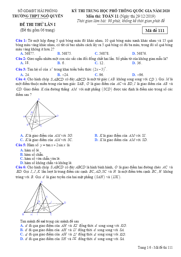 Đề thi thử lớp 11 môn Toán THPT Quốc gia 2020 lần 1 trường Ngô Quyền – Hải Phòng