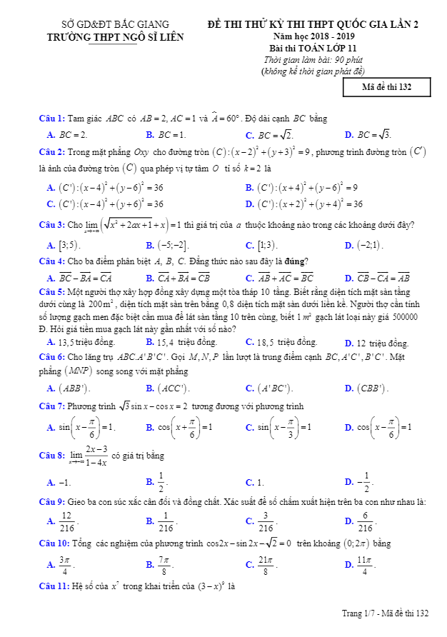 Đề thi thử lớp 11 môn Toán THPTQG 2019 lần 2 trường Ngô Sĩ Liên Bắc Giang