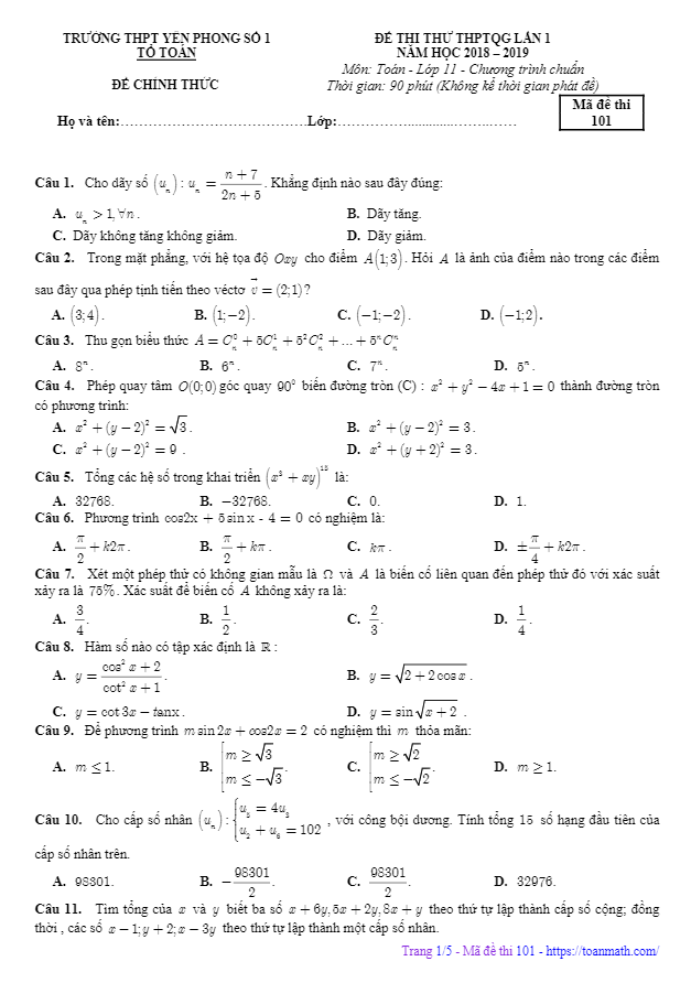 Đề thi thử lớp 11 môn Toán THPTQG 2019 trường THPT Yên Phong 1 Bắc Ninh lần 1