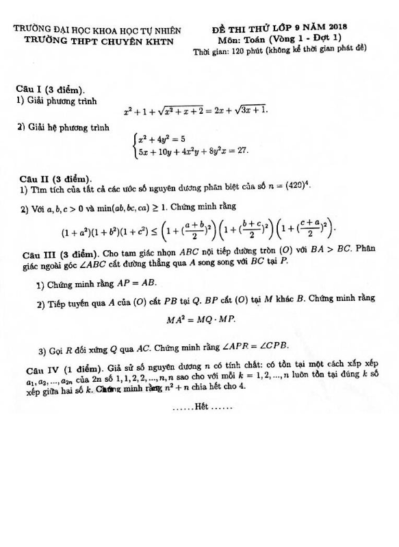 Đề thi thử lớp 9 môn Toán năm 2018 trường THPT chuyên KHTN Hà Nội (Vòng 1 Đợt 1)
