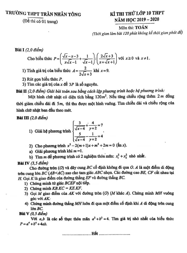 Đề thi thử năm 2019 2020 môn Toán trường Trần Nhân Tông Hà Nội