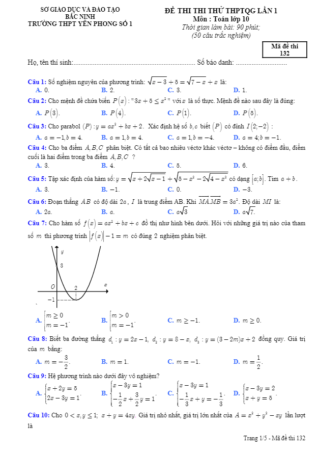 Đề thi thử THPT Quốc gia lần 1 lớp 10 môn Toán trường THPT Yên Phong 1 Bắc Ninh