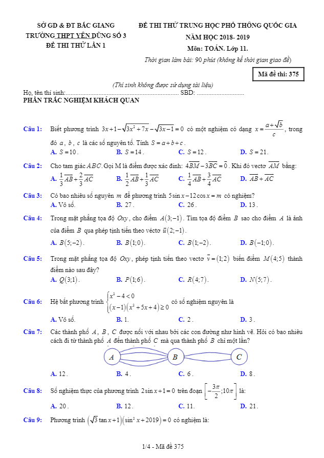 Đề thi thử THPT Quốc gia lớp 11 môn Toán năm 2018 2019 trường Yên Dũng 3 Bắc Giang lần 1