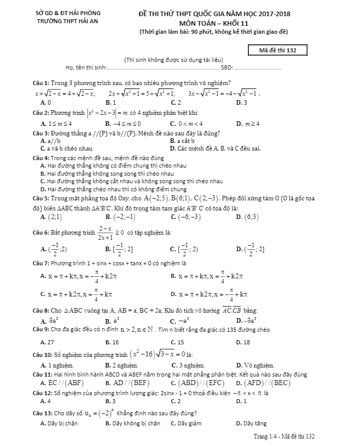 Đề thi thử THPT Quốc gia năm 2017 2018 lớp 11 môn Toán trường Hải An Hải Phòng
